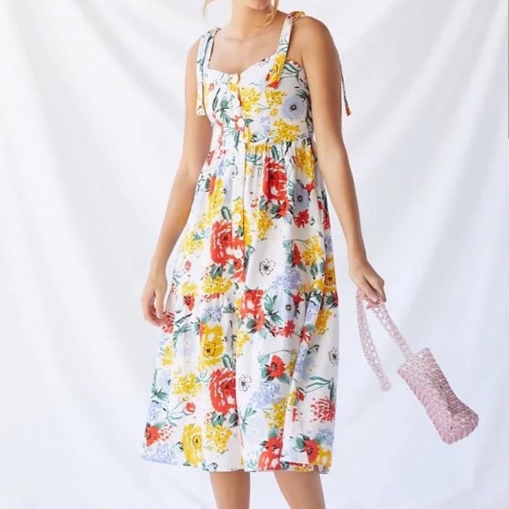 Urban Outfitters Positano Tie- shoulder midi dress. Linen/Rayon button front